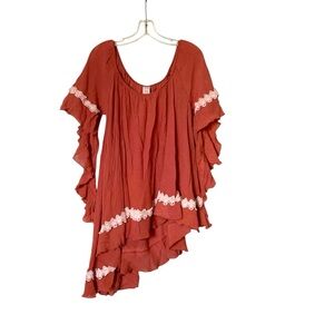🌵Noa Elle Burnt Orange/Red Flutter Bell Sleeve Ruffles Tunic Blouse S🌵